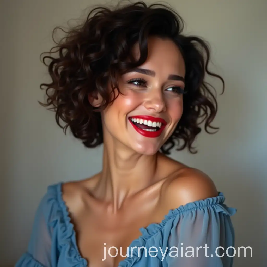 Beautiful-Woman-with-Short-Curly-Hair-and-Flirtatious-Smile-in-Blue-Top