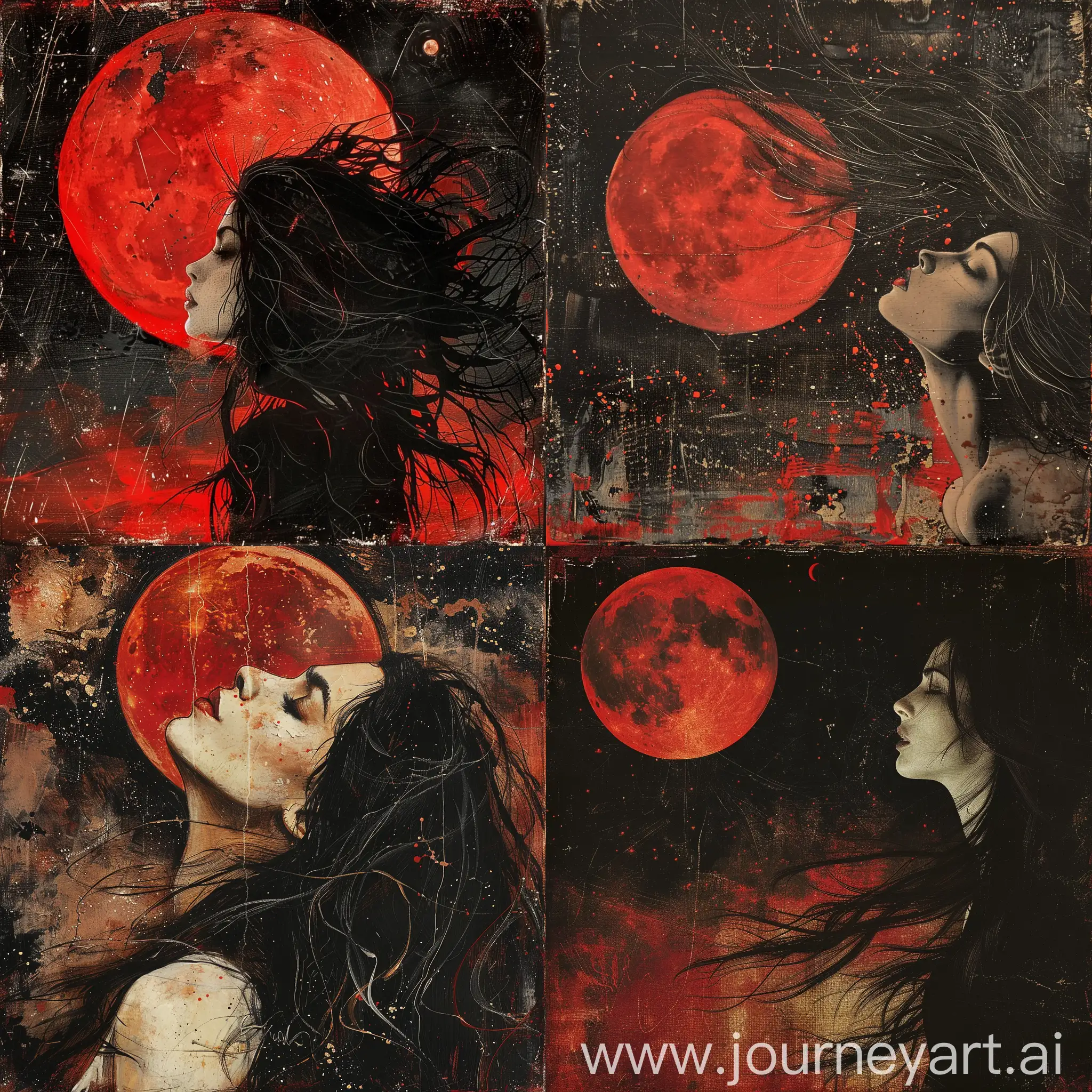 Beautiful-Woman-with-Long-Dark-Windy-Hair-Watching-Red-Full-Moon