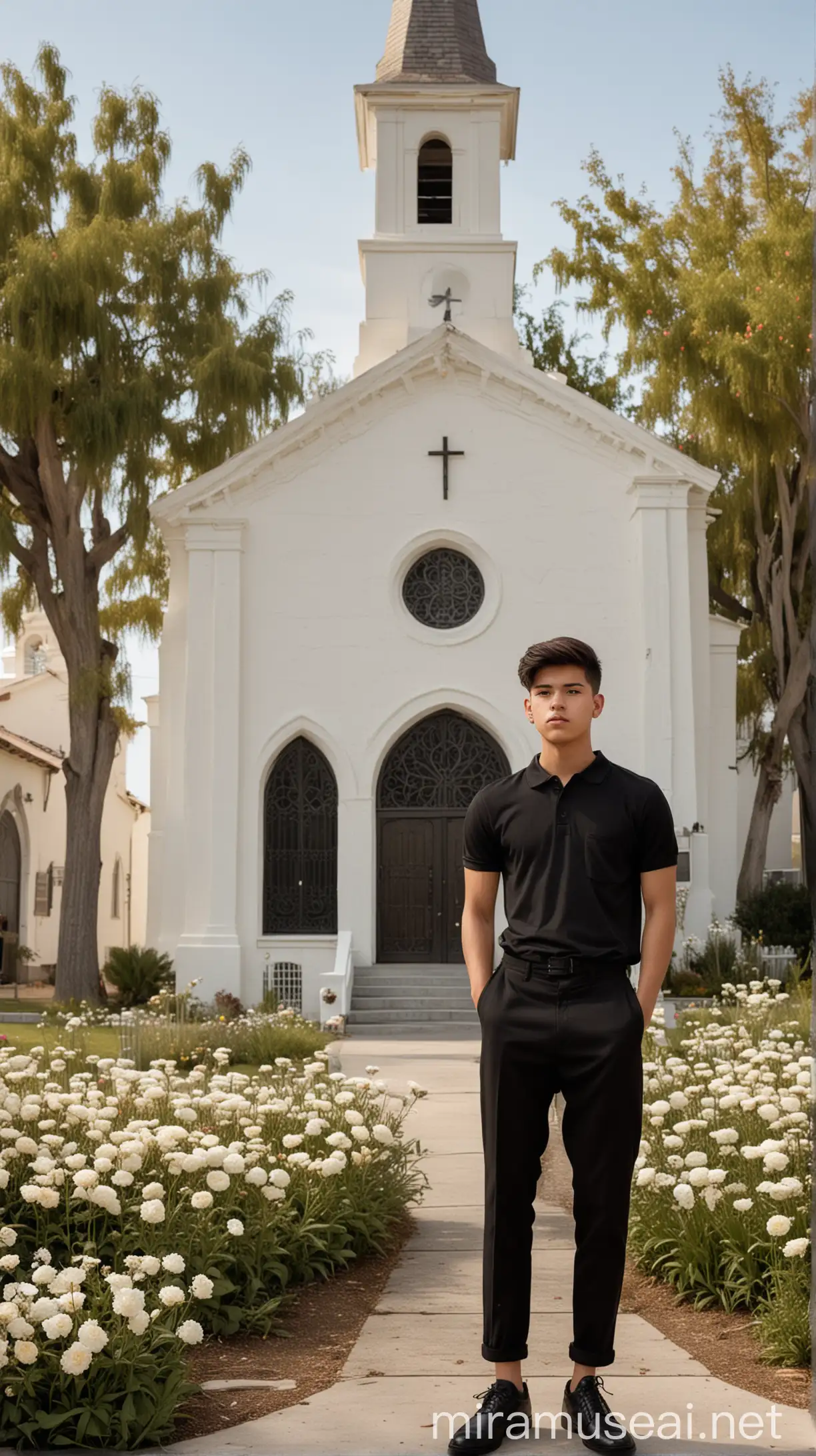 Young Mexican Man Posing at Historic Church with Floral Garden