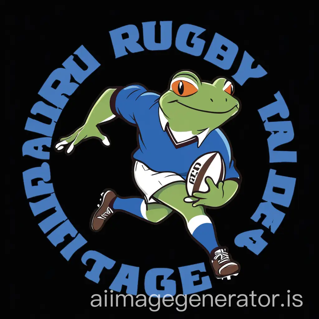 a toad running with a rugby ball. Has rugby luggage with a blue shirt, white pants, and socks with blue and white stripes