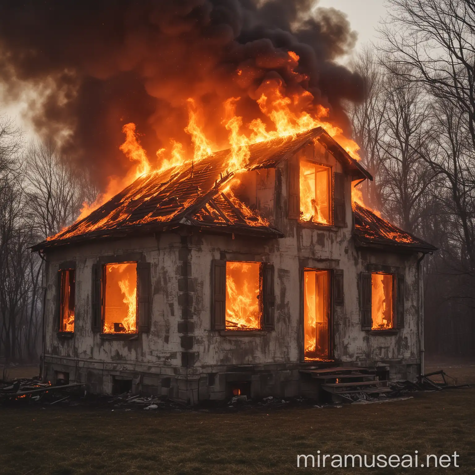 Burning Haunted House at Twilight