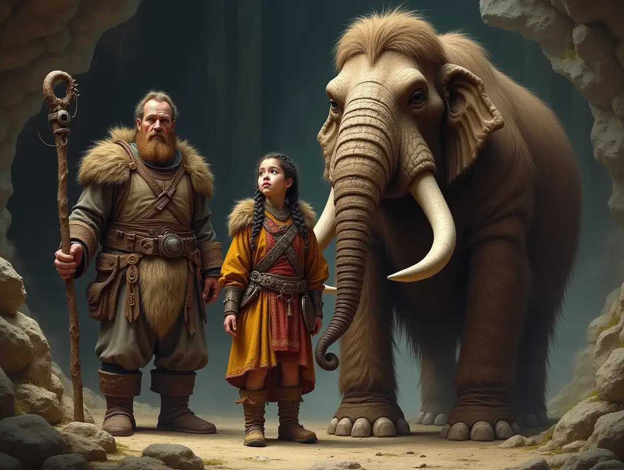 Cave-Fantasy Family,Man,Woman, and Children, giant mammoth face with beard and with wooden armor equipment