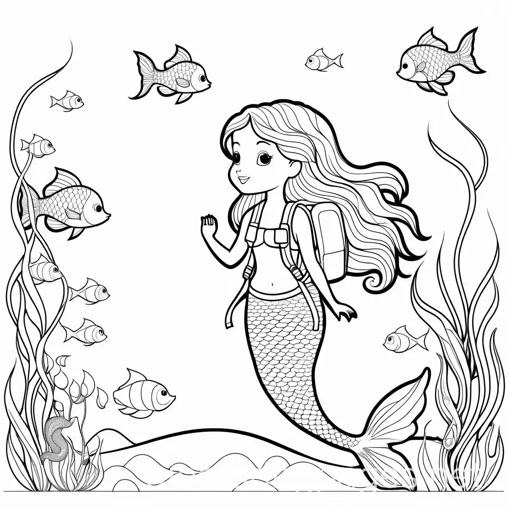 Mermaid-with-Backpack-on-Simple-Coloring-Page-for-Kids