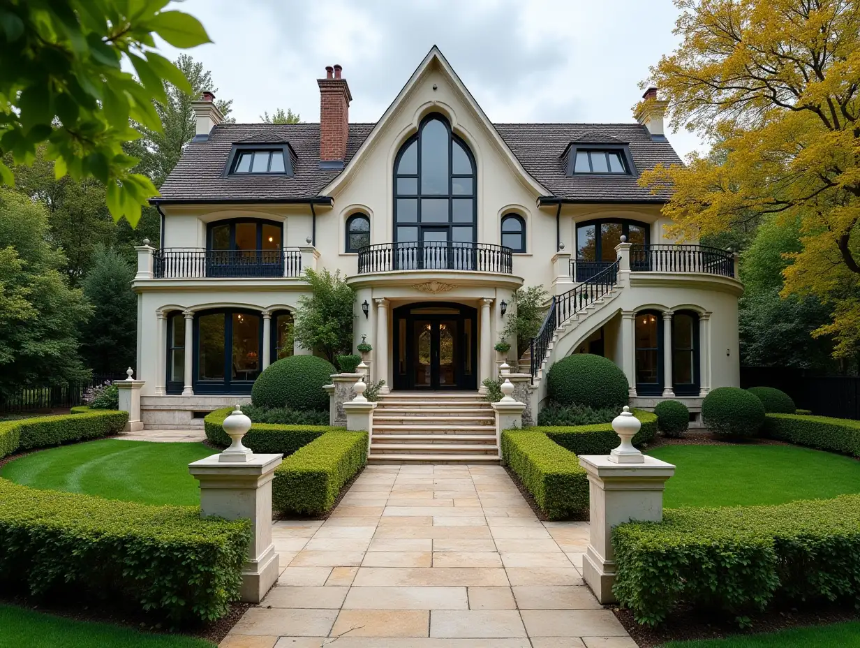 crooked house garden near the beach with stucco,large windows with glass,curved, smooth window shapes, curved grand entrance staircase made of marble Complex curved roof with dike,Lanterns,Bank apple tree 4K resolution Colorful superWide-angle shots