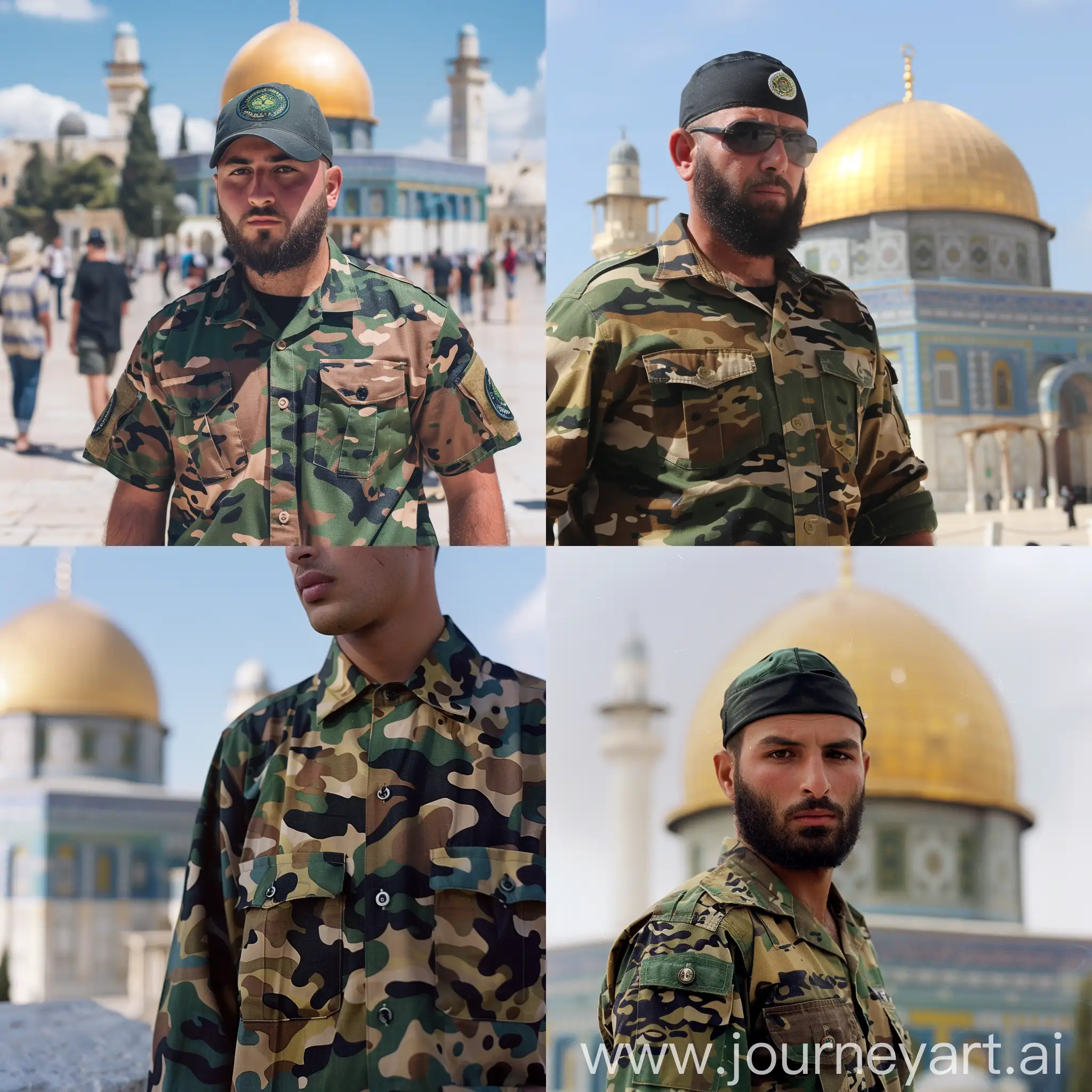 Hezbollah-Soldier-in-Military-Shirt-with-Dome-of-the-Rock-in-Background
