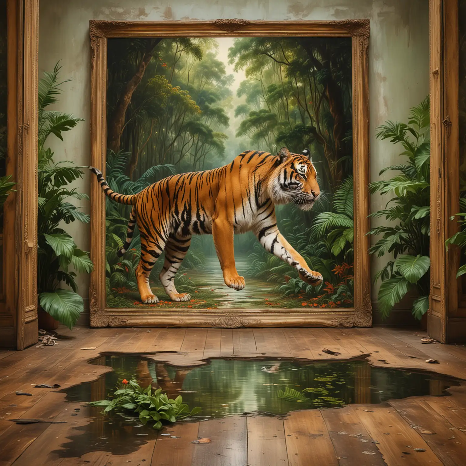 Tiger-Emerges-from-Jungle-Oil-Painting-into-Elegant-Gallery