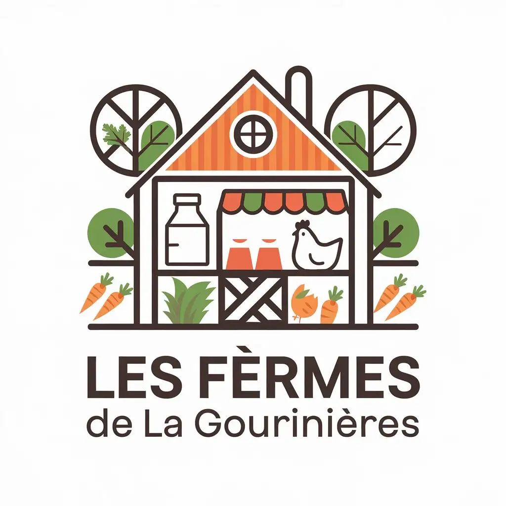 LOGO Design for Les fermes de la Gourinires Vector Logo Featuring Farm Shop with Milk Chicken and Carrots