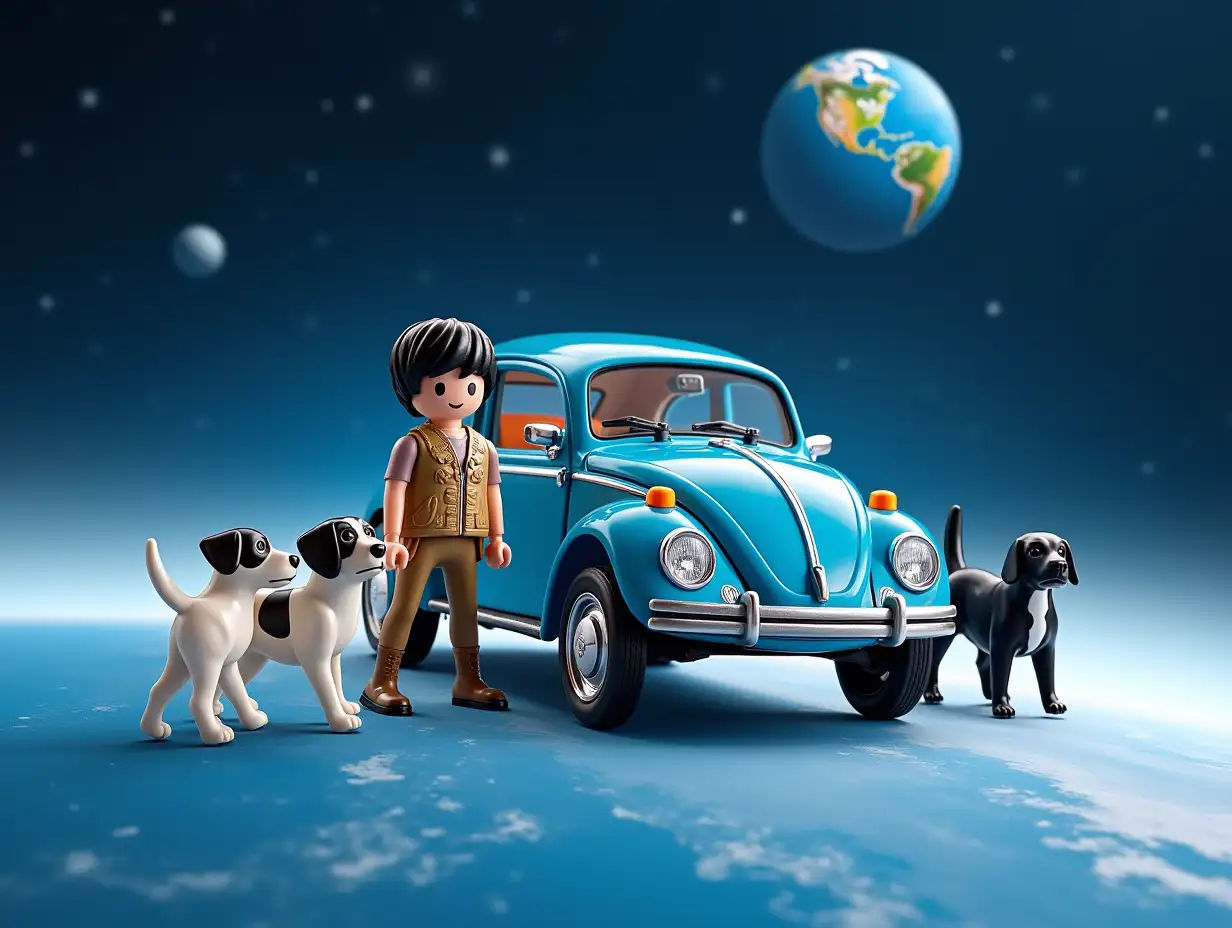 A Playmobil set with a black-haired boy, a blue Volkswagen Beetle, two Jack Russell dogs and a small black dog, walking in space above the Earth