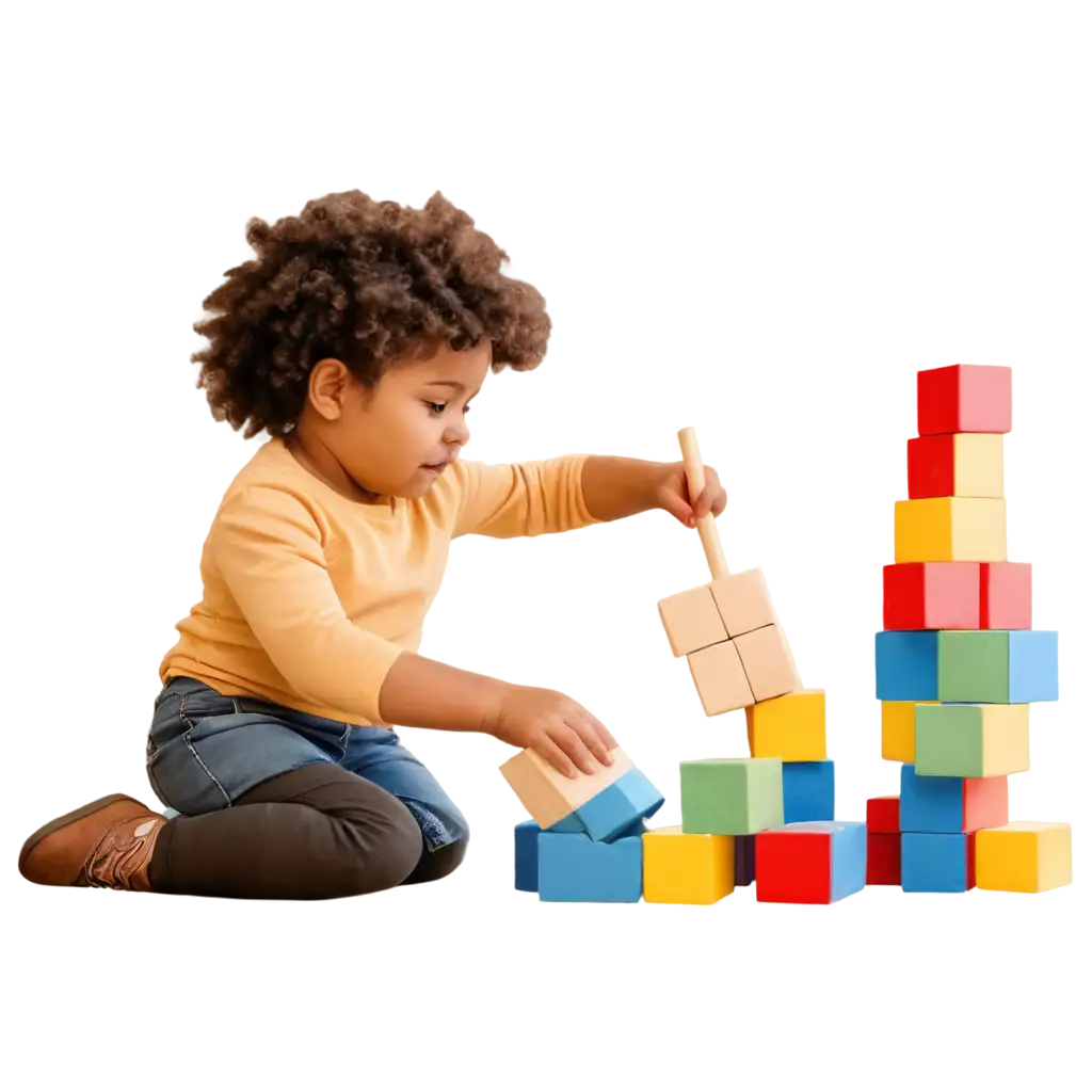 2YearOld-Cartoon-Child-Stacking-Blocks-in-Classroom-PNG-Image-for-Clear-HighQuality-Visuals