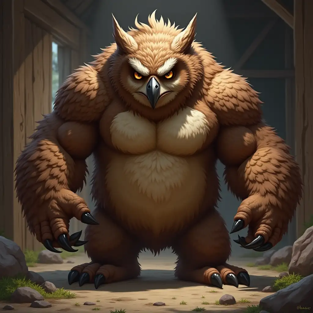 big muscular owlbear in a stable