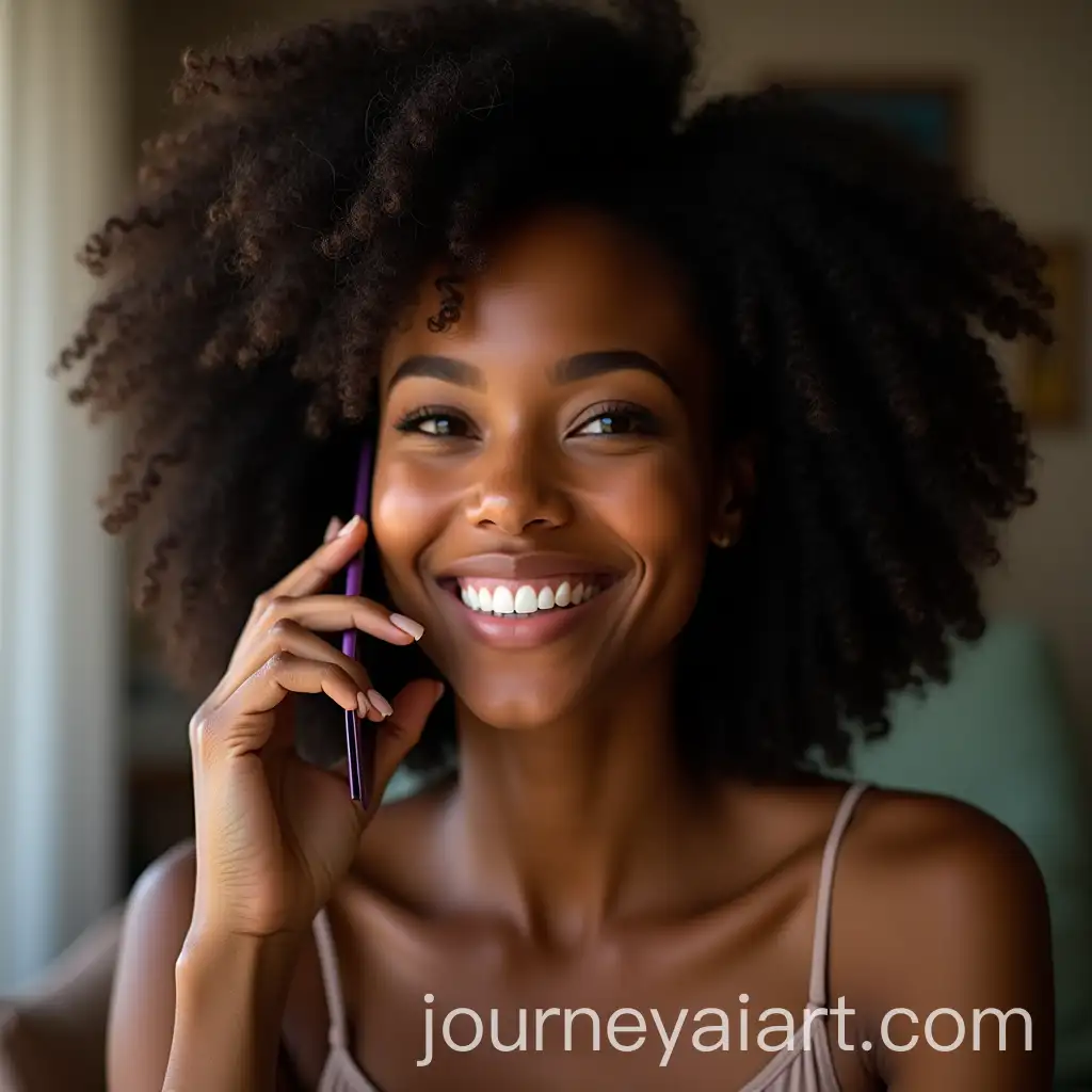 YoungAI-Image-Prompt-Expansion-Black-Woman-with-Radiant-Skin-Talking-on-a-Mobile-Phone-in-a-Cozy-Living-Room