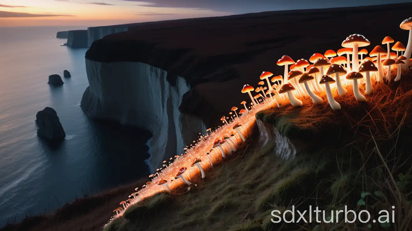 Cliff-Edge-Illuminated-by-Glowing-Mushrooms-at-Twilight