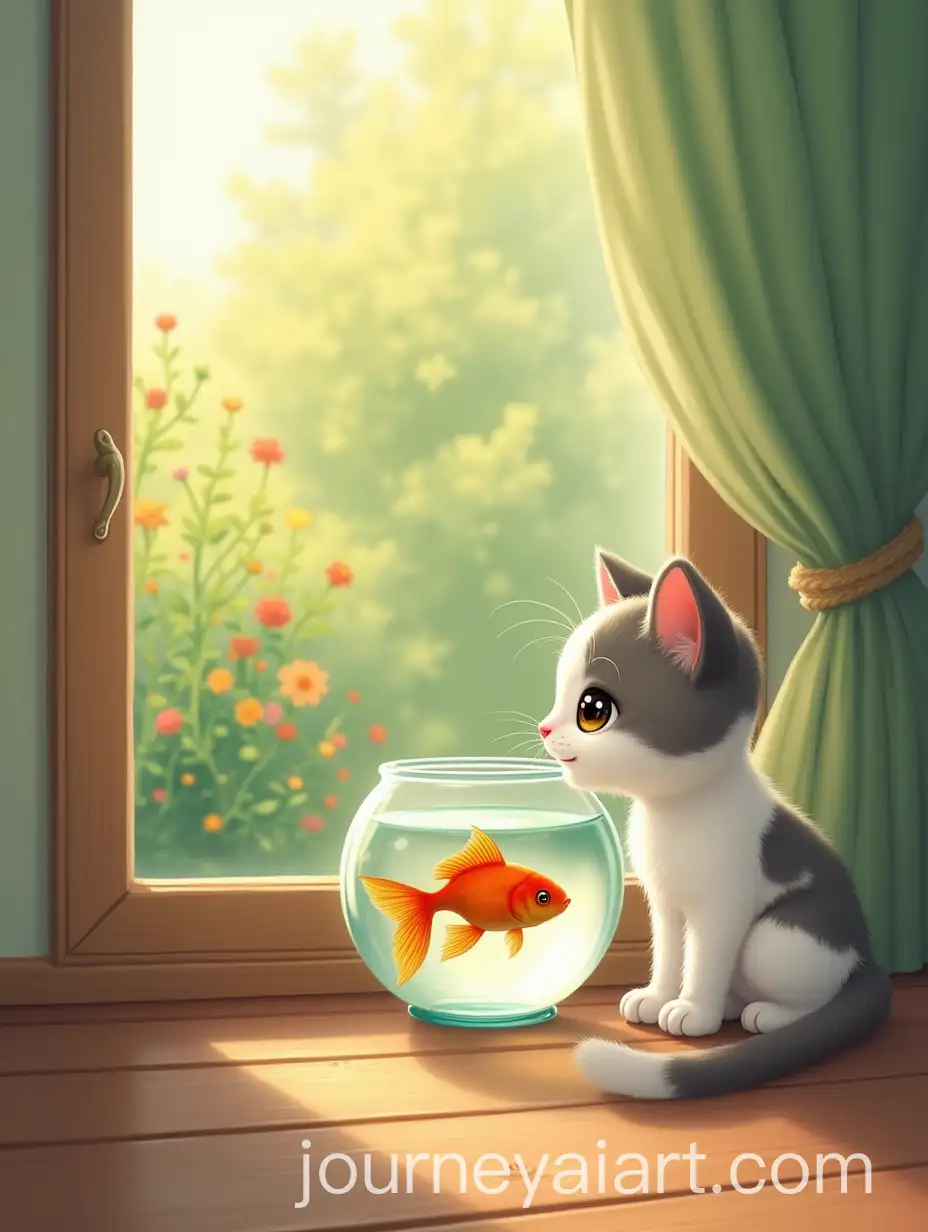 Curious-CatAI-Art-Prompt-Expansion-Observing-Goldfish-in-Sunlit-Room-with-Spring-View