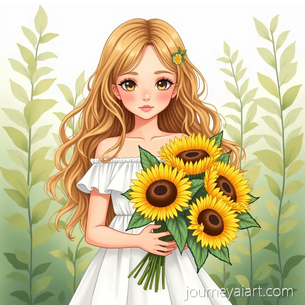 Beautiful-Freckled-Girl-in-White-Dress-Holding-Sunflower-Bouquet-in-Lush-Greenery-Watercolor