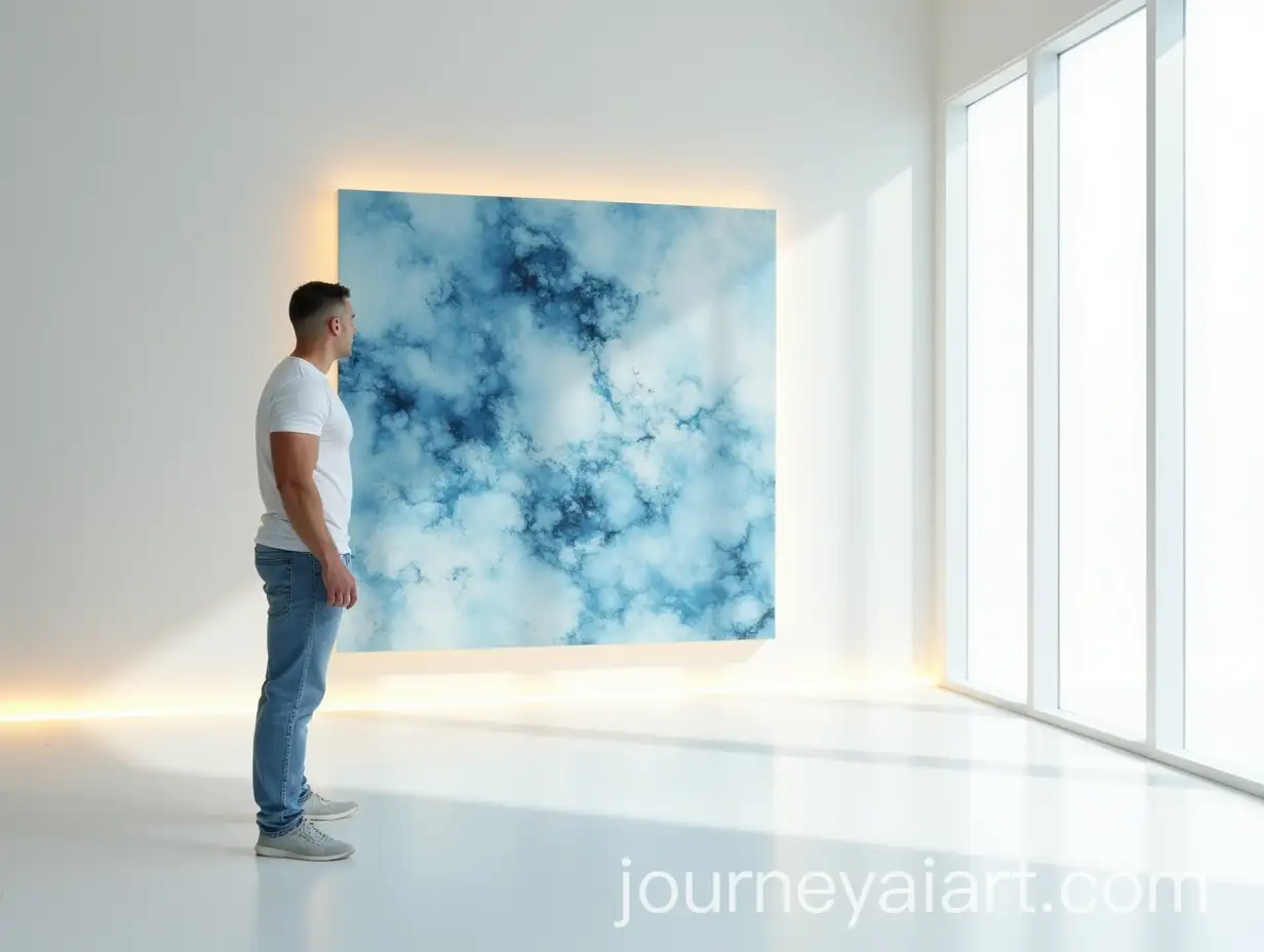 Muscular-Man-Contemplating-Abstract-Painting-in-Sunlit-Room