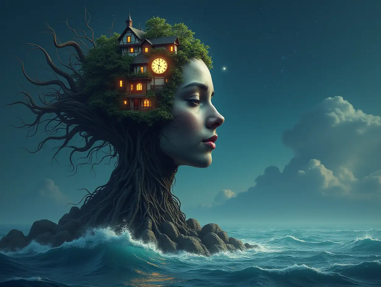 Face with hair transforms into a building with lit up clock and roots on an island with star sea with large stones and big waves