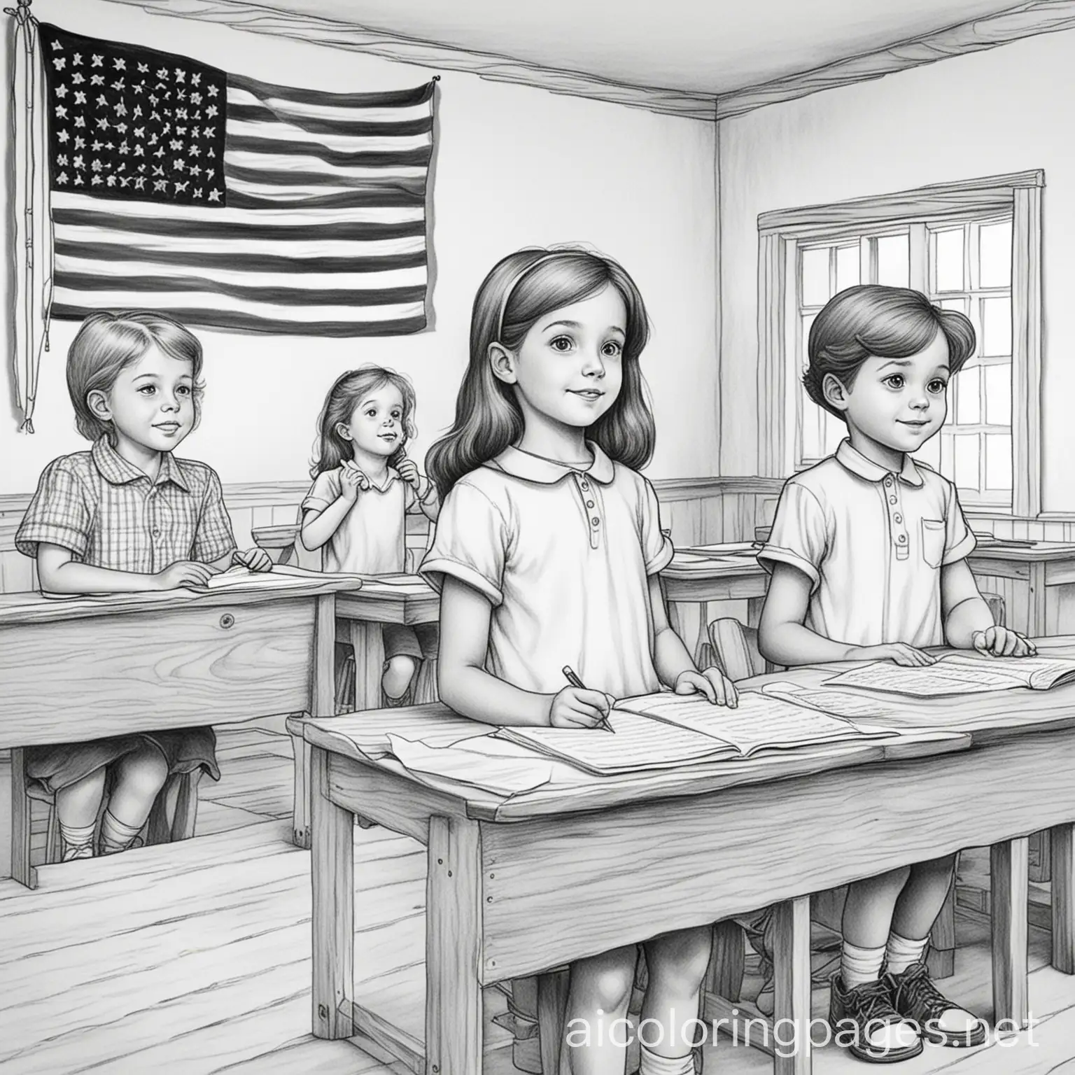 Children-Saying-Pledge-of-Allegiance-in-OneRoom-Schoolhouse-Coloring-Page