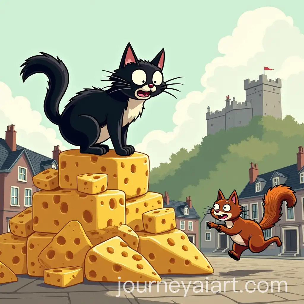 Cheesy-Town-Square-with-a-Sarcastic-Cat-and-Energetic-Squirrel