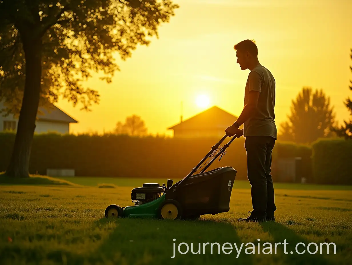 Silhouette-of-a-Man-Mowing-Lawn-with-Green-andAI-Image-Prompt-Expansion-Yellow-Mower-Under-Sunrays