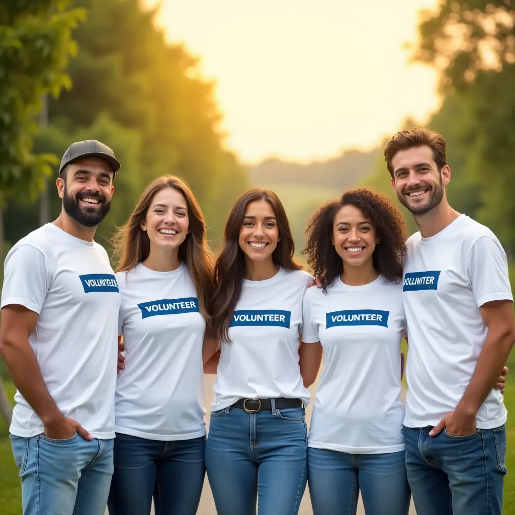 Five people, two men and three women, stand side by side outdoors. All are wearing white T-shirts with the word 'VOLUNTEER' in blue on them, paired with casual blue jeans. They wear bright smiles on their faces, exuding warmth and friendliness. The background is an outdoor scene bathed in a soft yellowish hue. Lush greenery is subtly tinted with the warm yellow tone under the sunlight, and the sky above has a gentle yellowish tint too, creating a harmonious and cheerful atmosphere. The natural light, with its yellowish tone, highlights their expressions and the colors of their clothes, enhancing the overall sense of unity and positivity. This image is of high resolution, showcasing sharp details and a clean, promotional aesthetic, with every element contributing to a visually appealing and engaging composition.