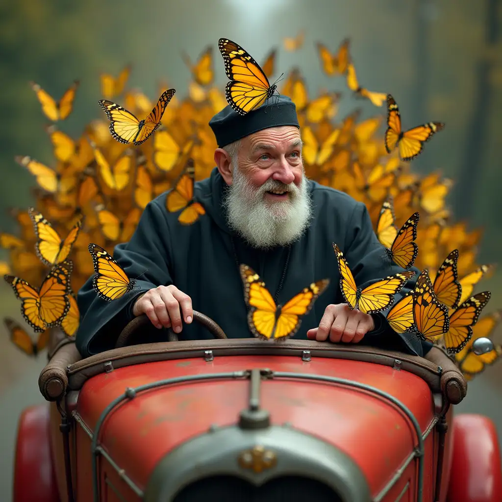 Old-Priest-Driving-Red-Car-with-Yellow-Butterflies-on-His-Nose-and-Car