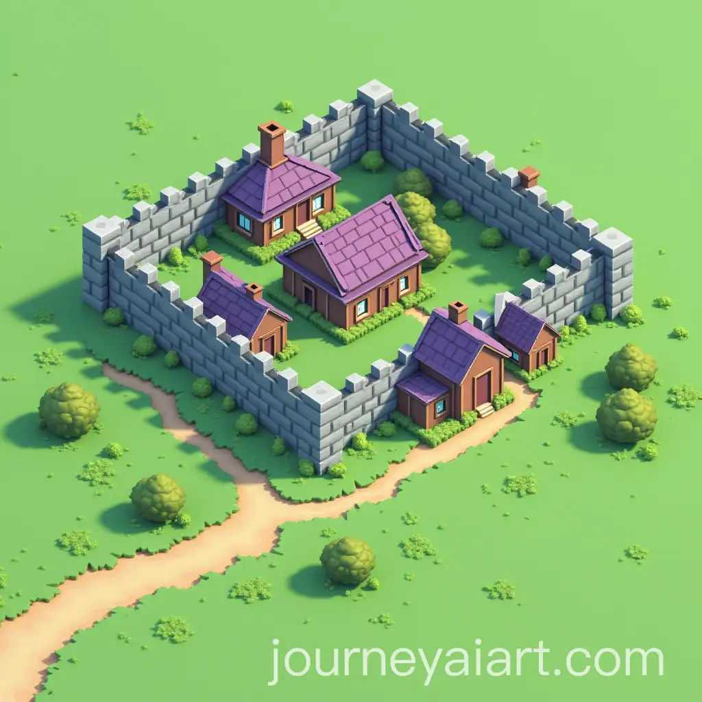 Isometric-Pixel-Art-Village-with-Grey-Brick-Fort-and-Purple-Roofed-Houses