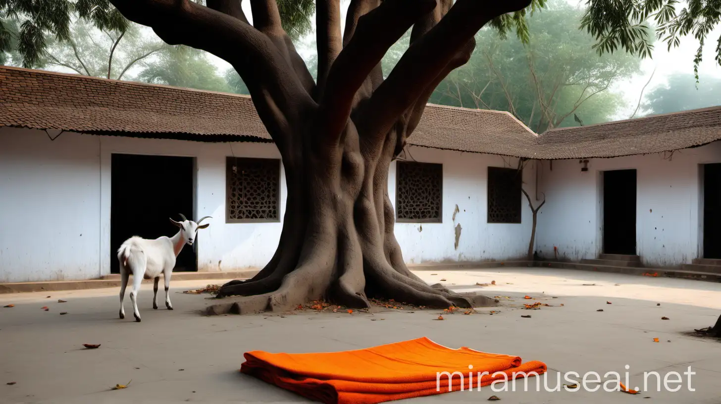 Indian Hindu Ashram Courtyard with Goat and Orange Towels