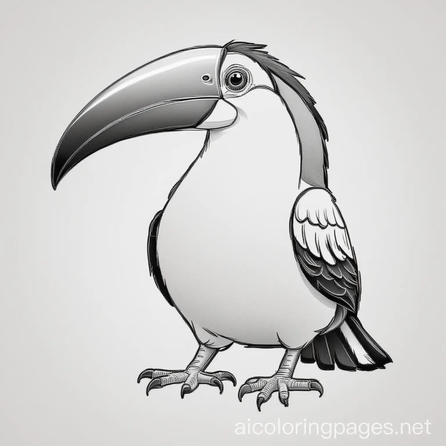 cartoon toucan bird, Coloring Page, black and white, line art, white background, Simplicity, Ample White Space. The background of the coloring page is plain white to make it easy for young children to color within the lines. The outlines of all the subjects are easy to distinguish, making it simple for kids to color without too much difficulty