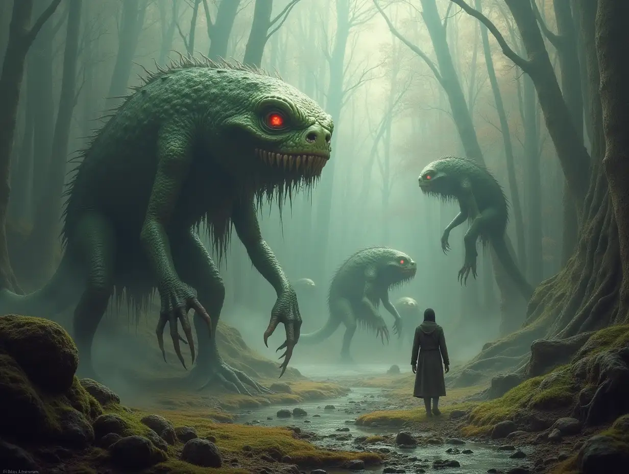 Create for me a photorealistic image of a surreal world with strange creatures
