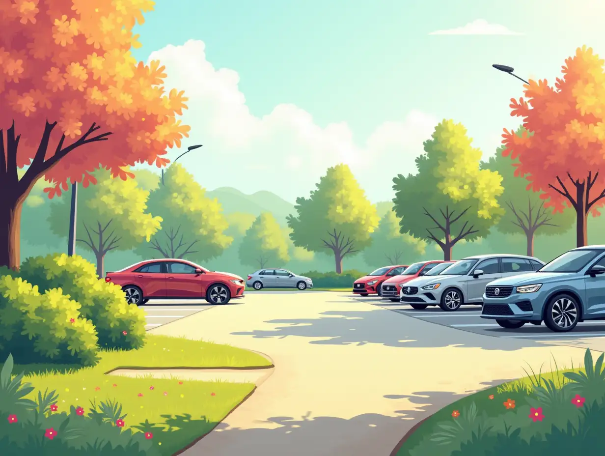 Springtime-Park-with-Cars-and-Trees-by-a-Parking-Lot