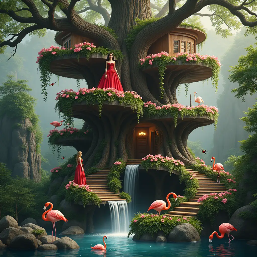 Create an image of a large and luxurious treehouse with a beautiful princess in red, many round stairs, many terraces with orchid hanging plants, pond with flamingos, waterfall and dragonflies, photo-realistic detail on parts and lighting.