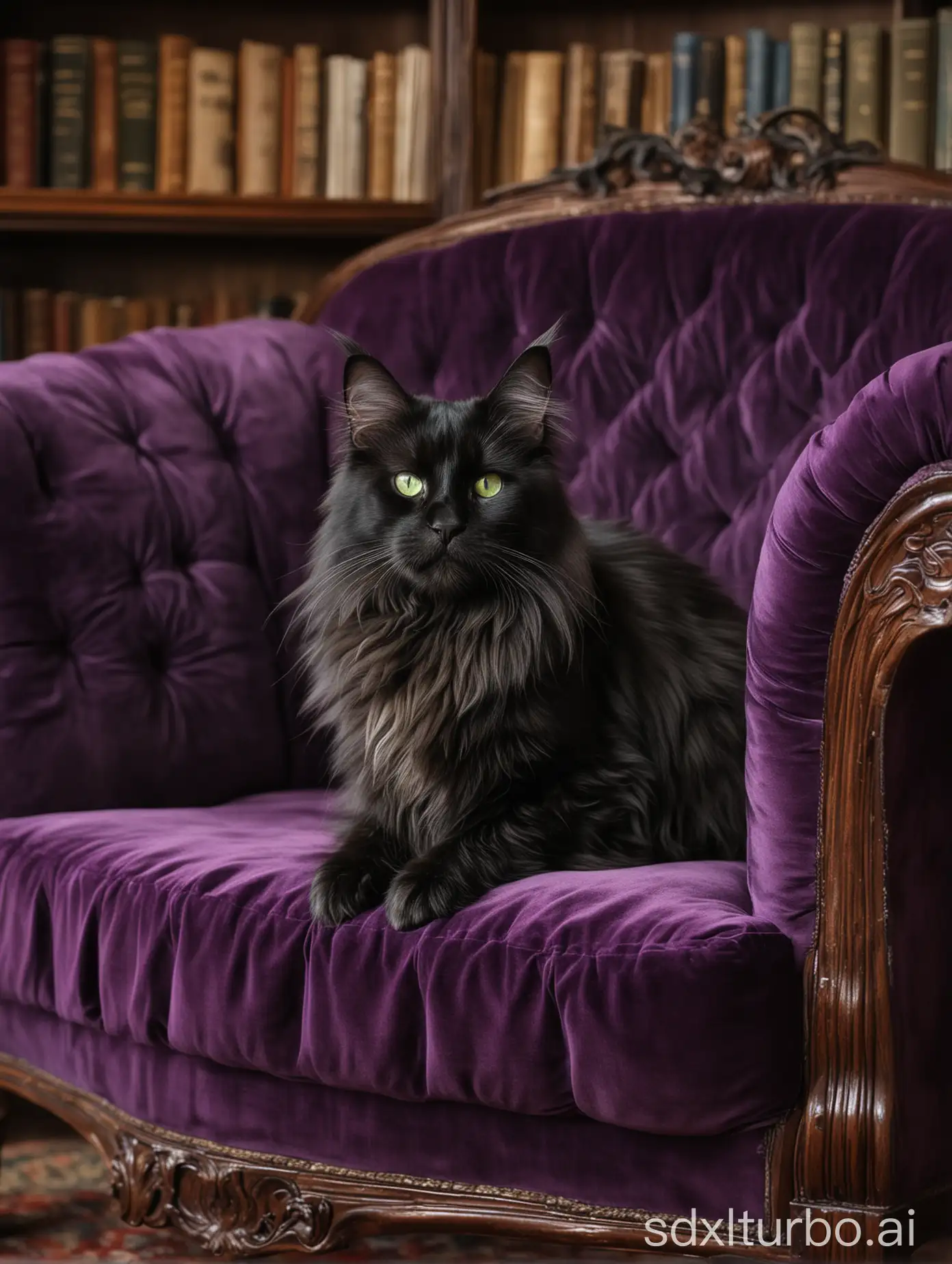 Maine-Coon-Cat-with-Green-Eyes-on-Purple-Velvet-Love-Seat-in-Old-Library