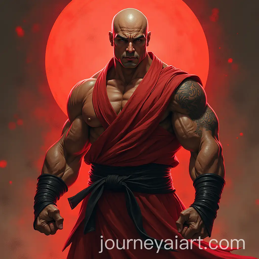 Bald-Muscular-Monk-in-Red-and-Black-Gi-with-Imposing-Biceps