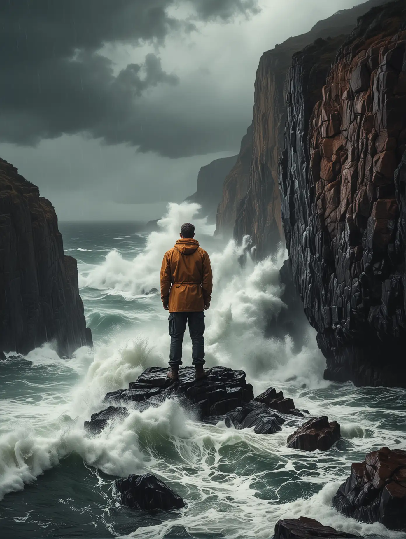 A serene man standing calmly on the edge of a rocky cliff during a raging storm, aggressive sea crashing against the rocks at the base of the cliffs. Captured with a close-up lens, the figure exudes peace despite the storm. The scene is rendered in the ink style of Ray Roberts, with rich and vivid colors, 8k resolution, and a deep depth of field.