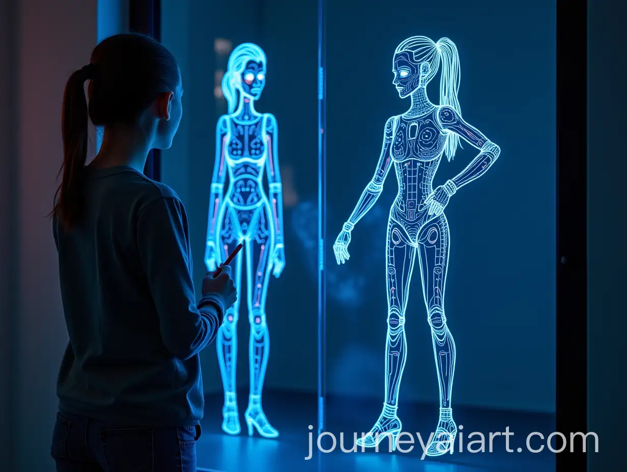 Ordinary-Girl-and-Robotic-Girl-Drawing-on-Glass-Wall-with-Neon-Markers
