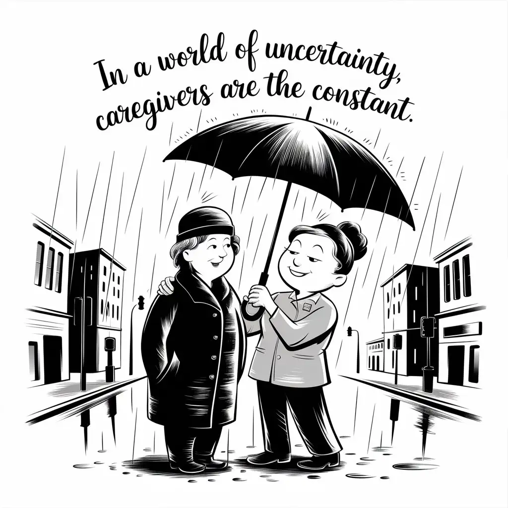 Cartoon Caregiver Shielding Someone from Rain with Umbrella