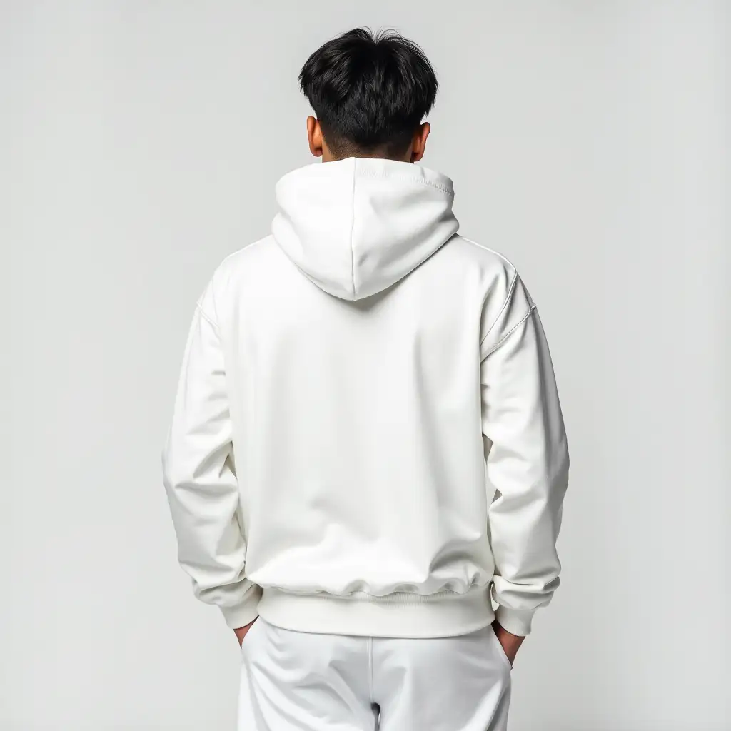 backside of an asian young man model wearing white hoodie and white sweatpants.