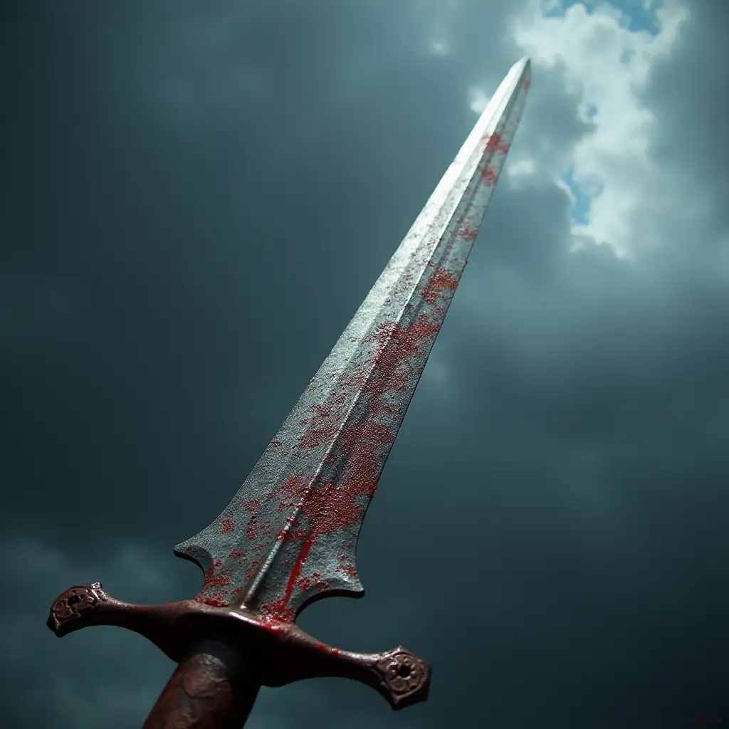 Close-up of a massive Celtic lance blade — either straight or serpent-waved — gleaming under stormy skies. Blood-stained, battle-worn look. Detailed metalwork and brutal craftsmanship visible.