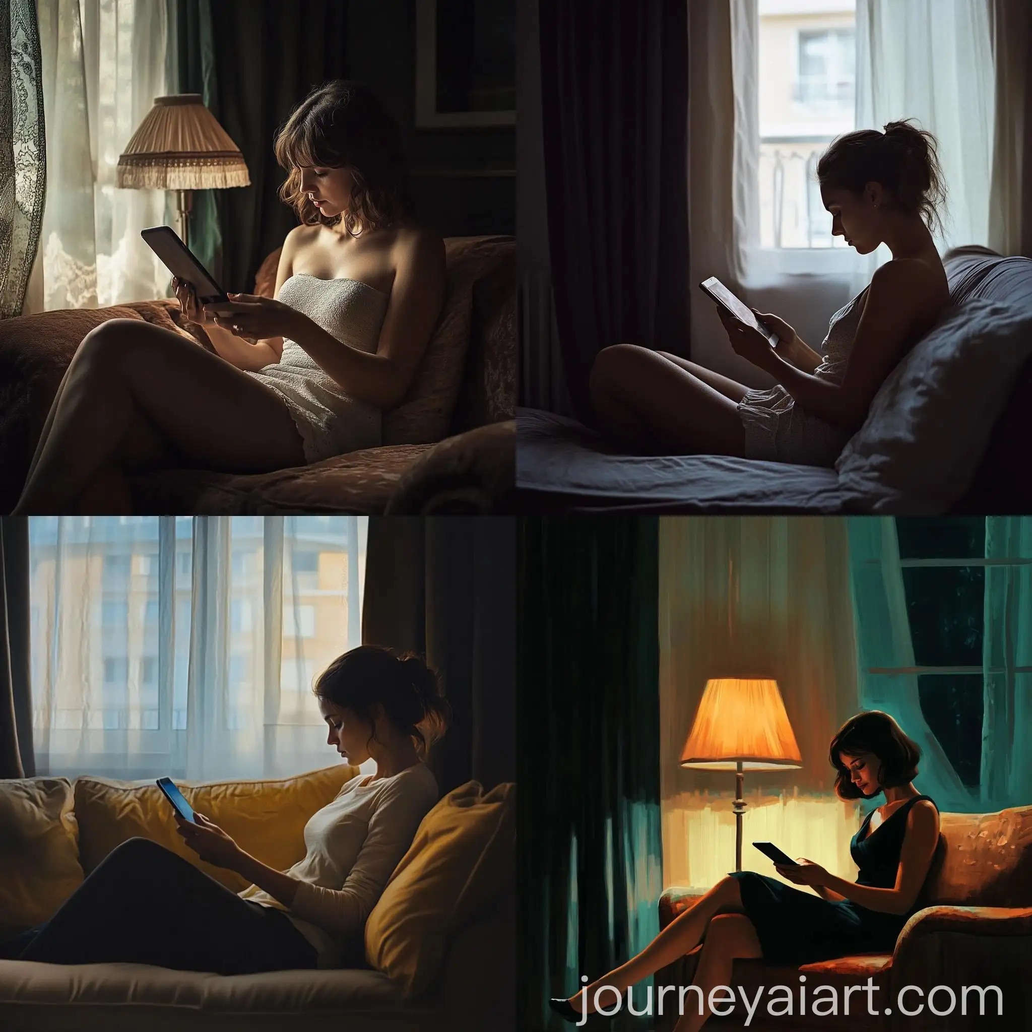 Elegant-MiddleAged-Woman-Reading-Smartphone-in-Retro-Room