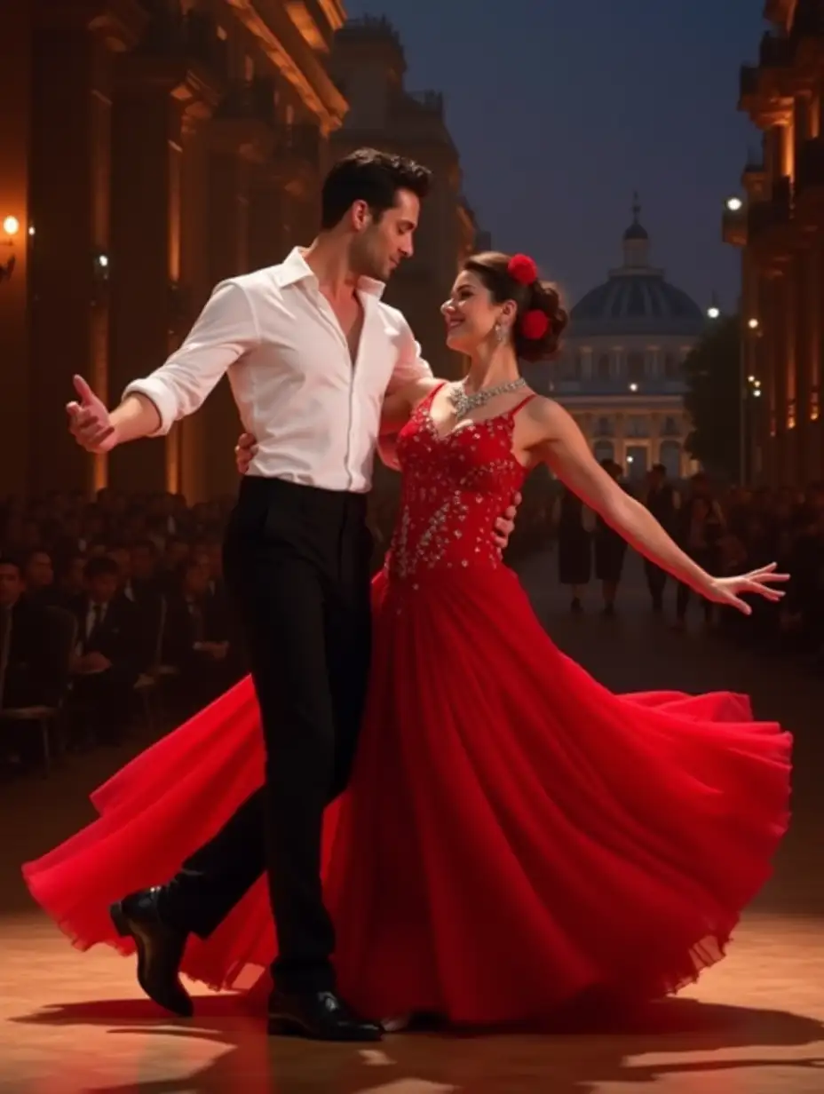 A gentlemen in white formal shirt and a beautiful lady with red gown performing salsa dance at night in a grand stage