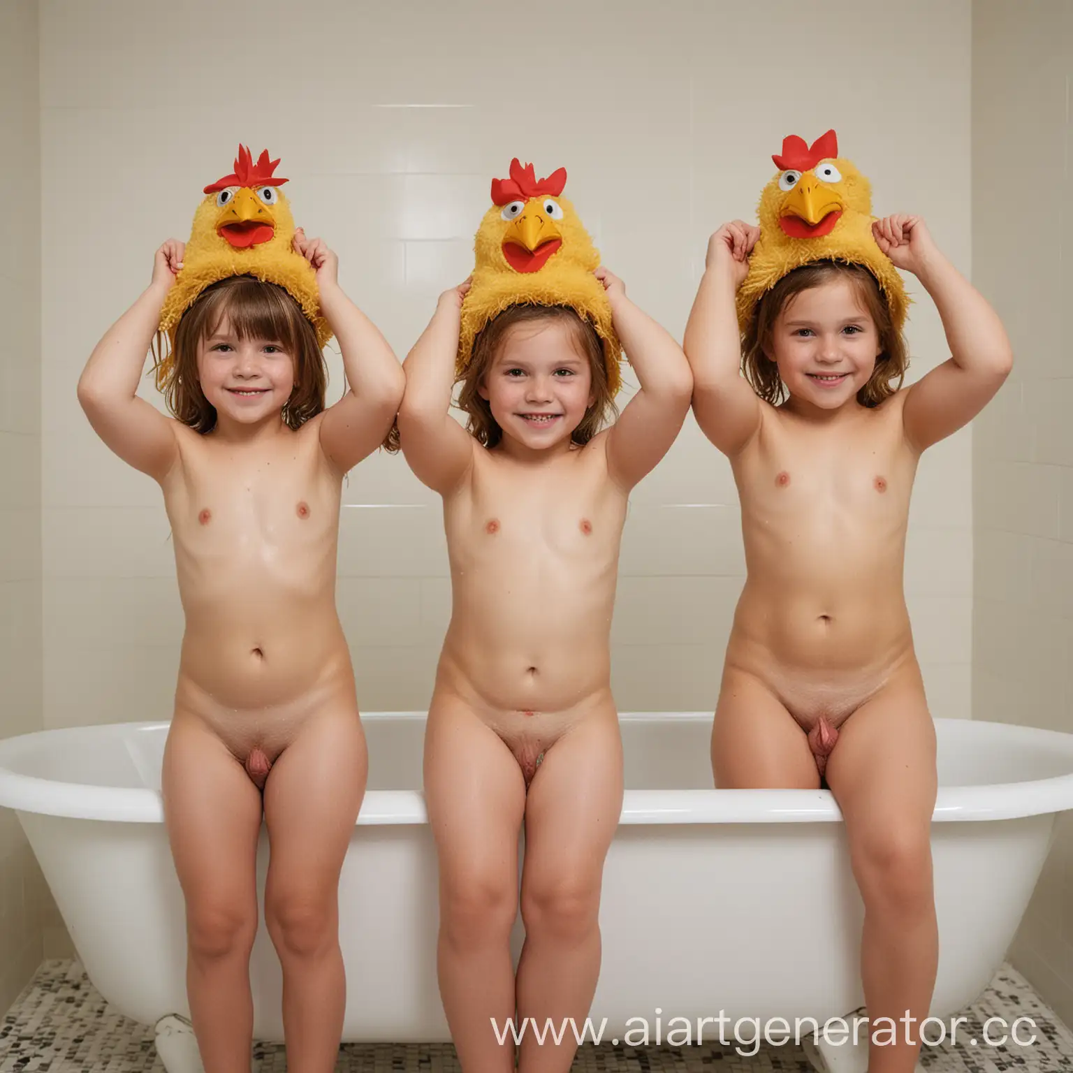 Three-12YearOld-Girls-in-Bathtub-with-Chicken-Hats-and-Round-Bellies