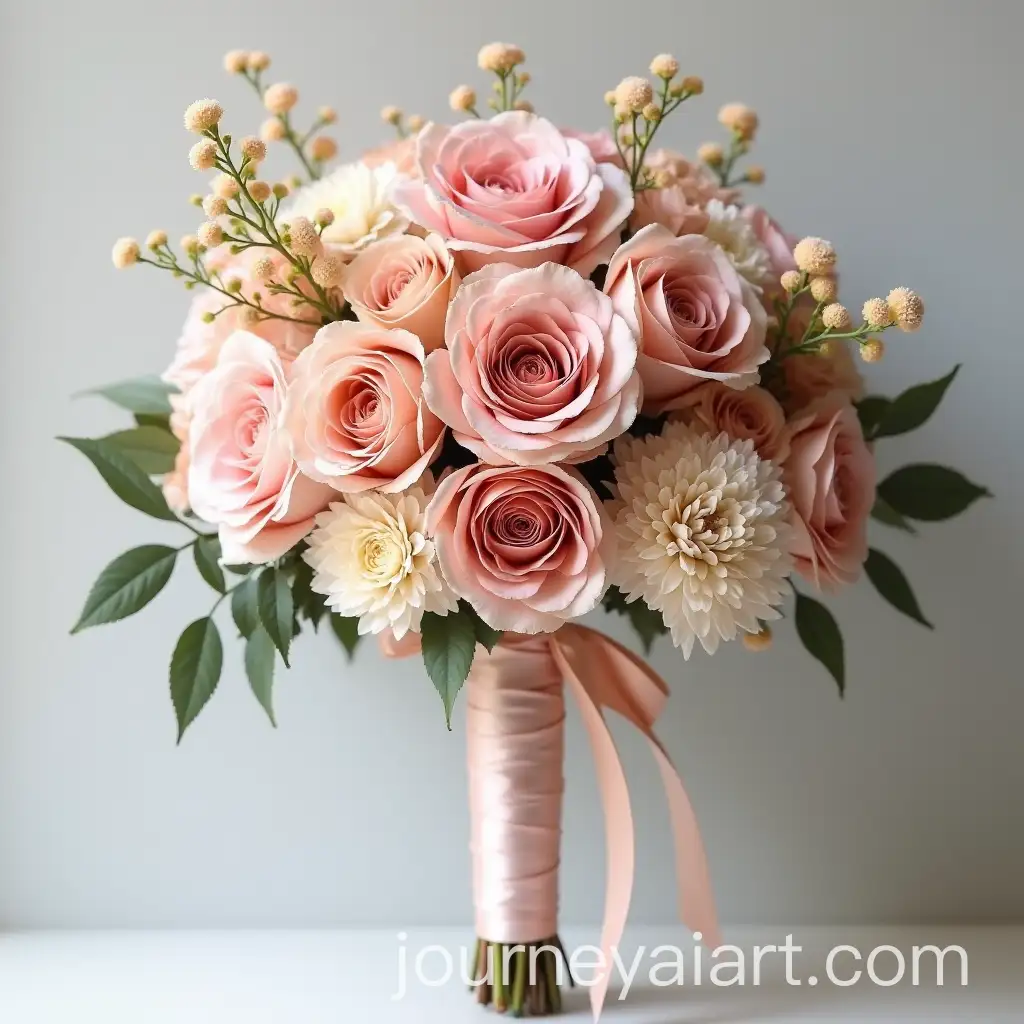 Bridal-Bouquet-with-Garden-Roses-Hydrangeas-and-Amaranthus-in-Pink-and-Peach-Tones