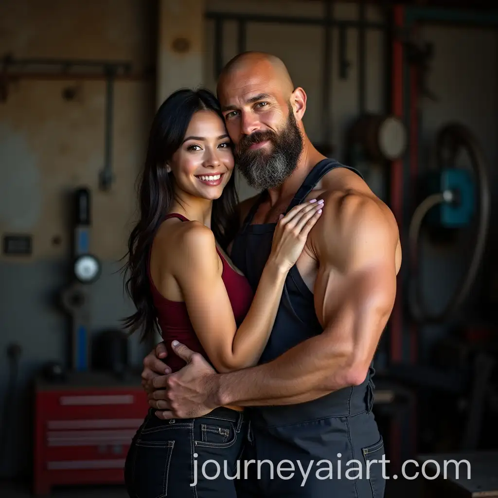 Asian-Girl-Hugging-Handsome-Bodybuilder-in-a-Dirty-Mechanical-Workshop