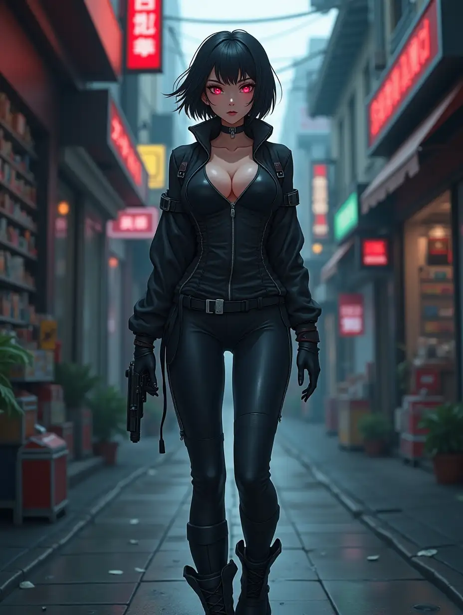 Short hair, mature Asian woman thief cyber runner in a dynamic full-length pose, eyes with red electronic pupils, large breast, extreme skintight body glove zipped down with cleavage, combat boots and combat belt. Full view of her body from boots up, low wide angle. Future store filled city alley street. Anime