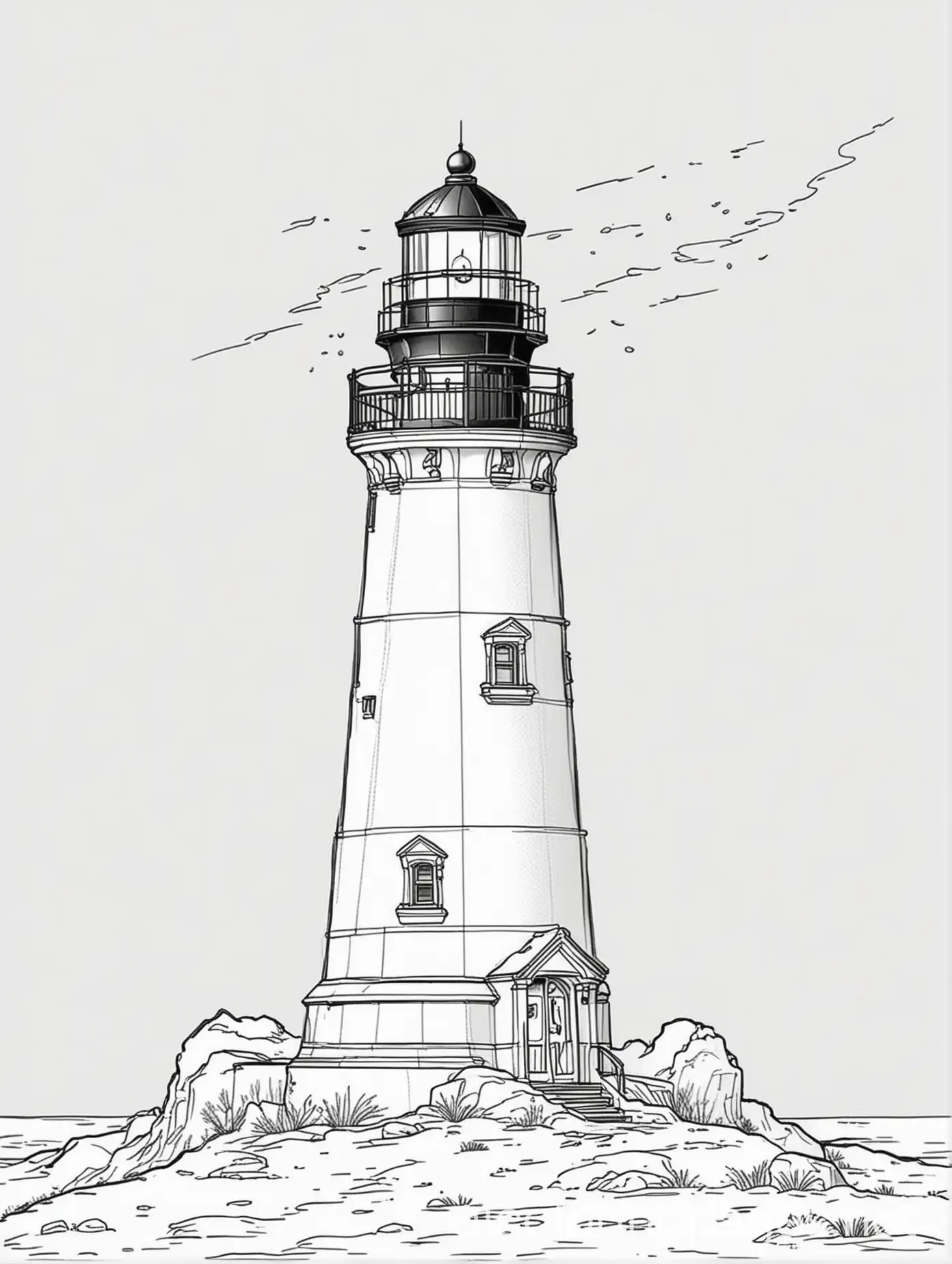 Lighthouse in the snow, Coloring Page, black and white, line art, white background, Simplicity, Ample White Space. The background of the coloring page is plain white to make it easy for young children to color within the lines. The outlines of all the subjects are easy to distinguish, making it simple for kids to color without too much difficulty