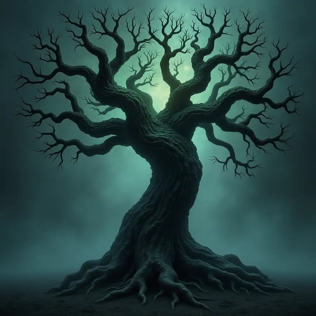 A single, gnarled dark fantasy tree , its twisted branches reaching like skeletal fingers. The bark is blackened and cracked, oozing faint glowing sap. Subtle eerie whispers emanate from its hollow trunk, with faint, ghostly wisps swirling around its roots