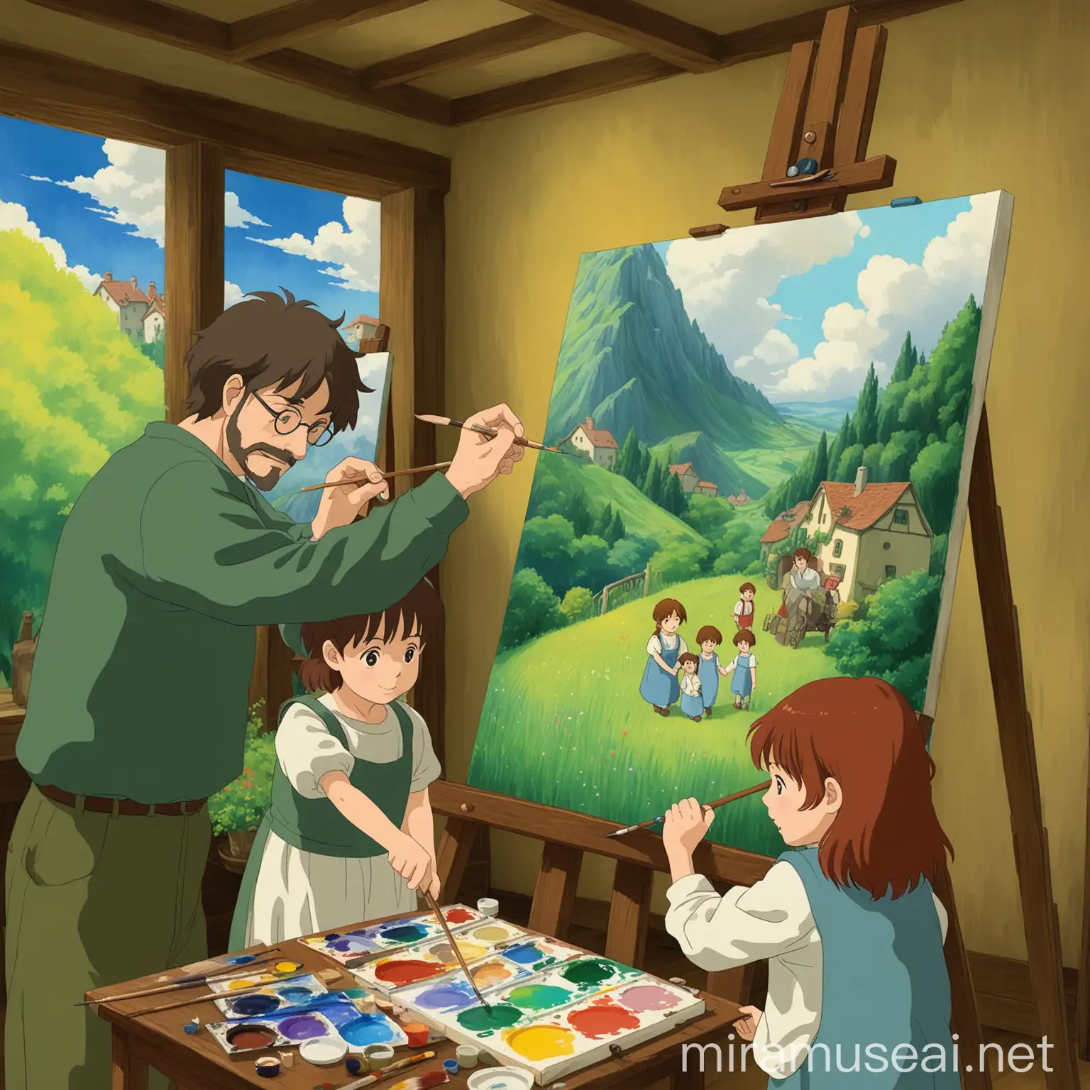 Family Painting Together in Ghibli Style