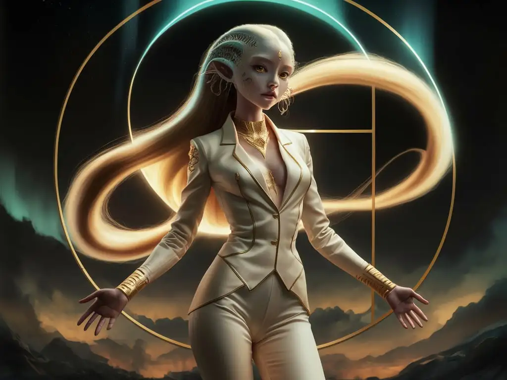 Ethereal-Alien-Beauty-in-Cream-Satin-Suit-with-Runes-Tattoos