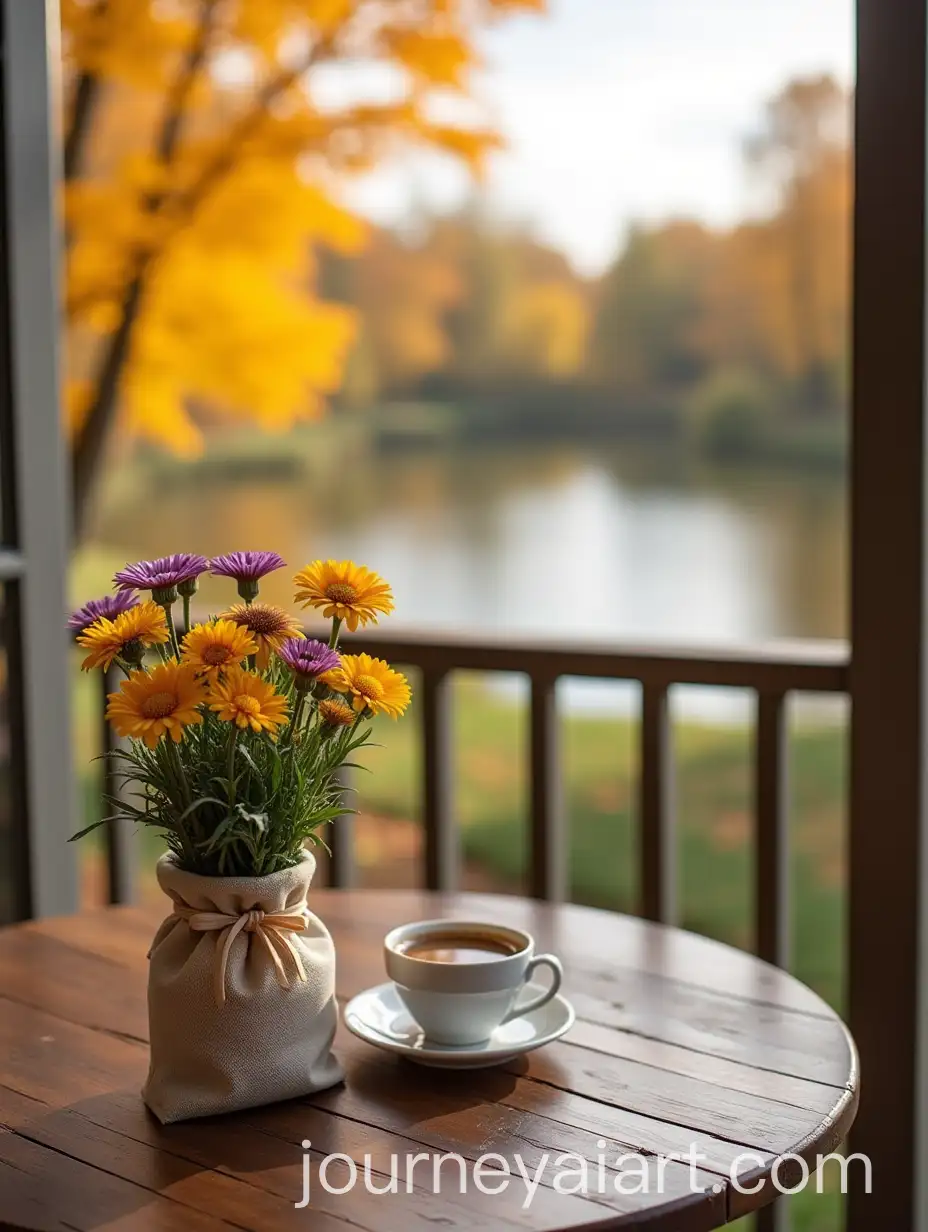 Autumn-Veranda-with-Coffee-and-Asters-Overlooking-a-Tranquil-Pond