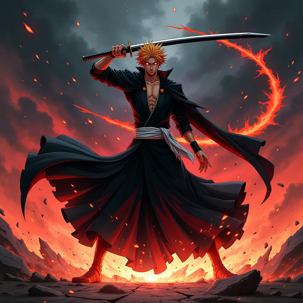 Illustrate Ichigo Kurosaki from Bleach performing his iconic Bankai transformation. He wields his sleek black katana, Tensa Zangetsu, with one hand in a battle-ready stance, as black and red energy swirls dynamically around him. His cloak-like Bankai outfit flows dramatically, with sharp edges emphasizing speed and power. The background is a shattered, dark sky with glowing embers and intense spiritual pressure radiating outward. The ground beneath him cracks from the sheer force of his unleashed power, while his determined gaze and glowing eyes convey resolve and strength. Highlight the contrast between the dark tones of his Bankai and the vibrant energy surrounding him, embodying his ultimate power.